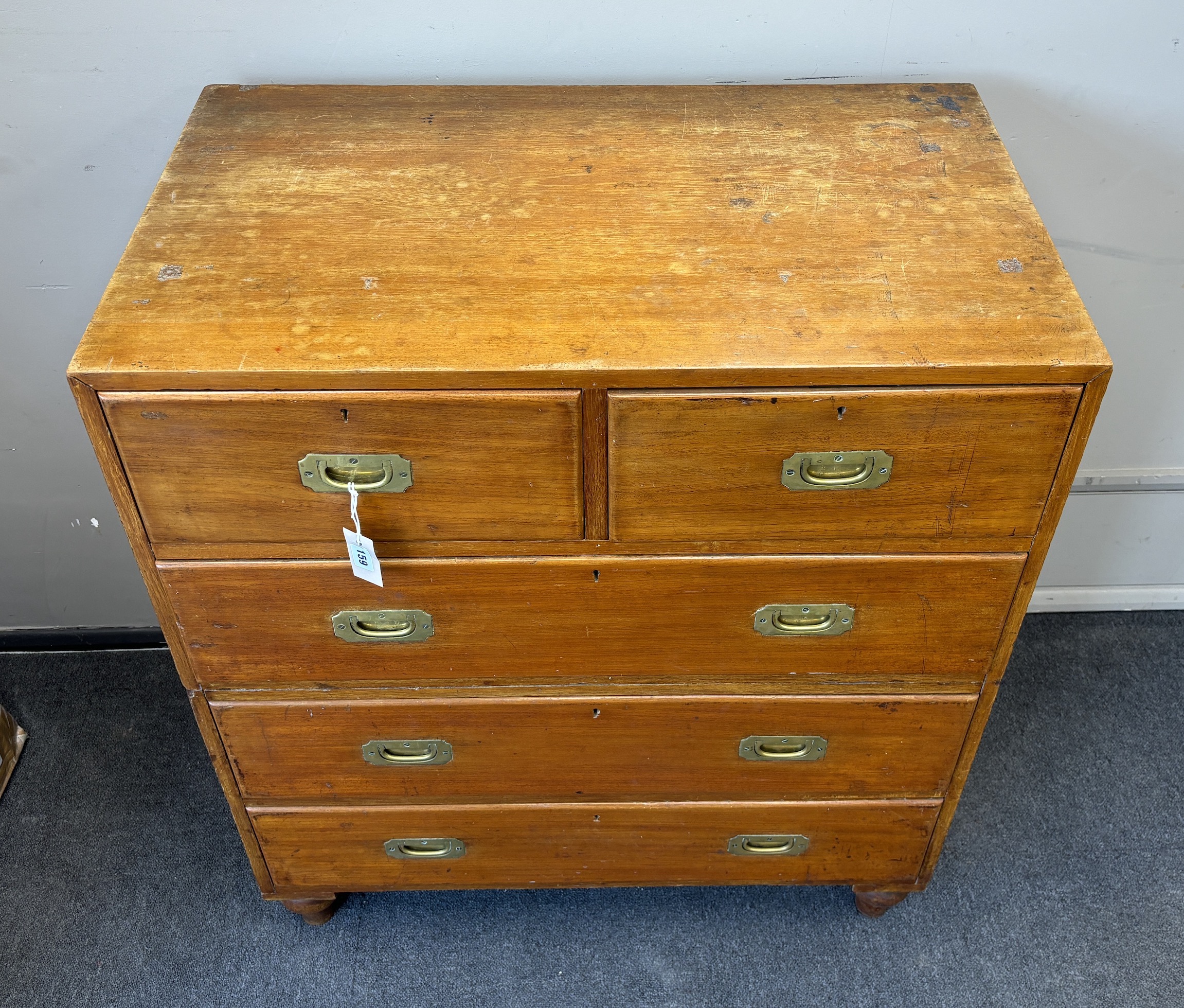 A Victorian teak two part military chest, width 91cm, depth 54cm, height 106cm